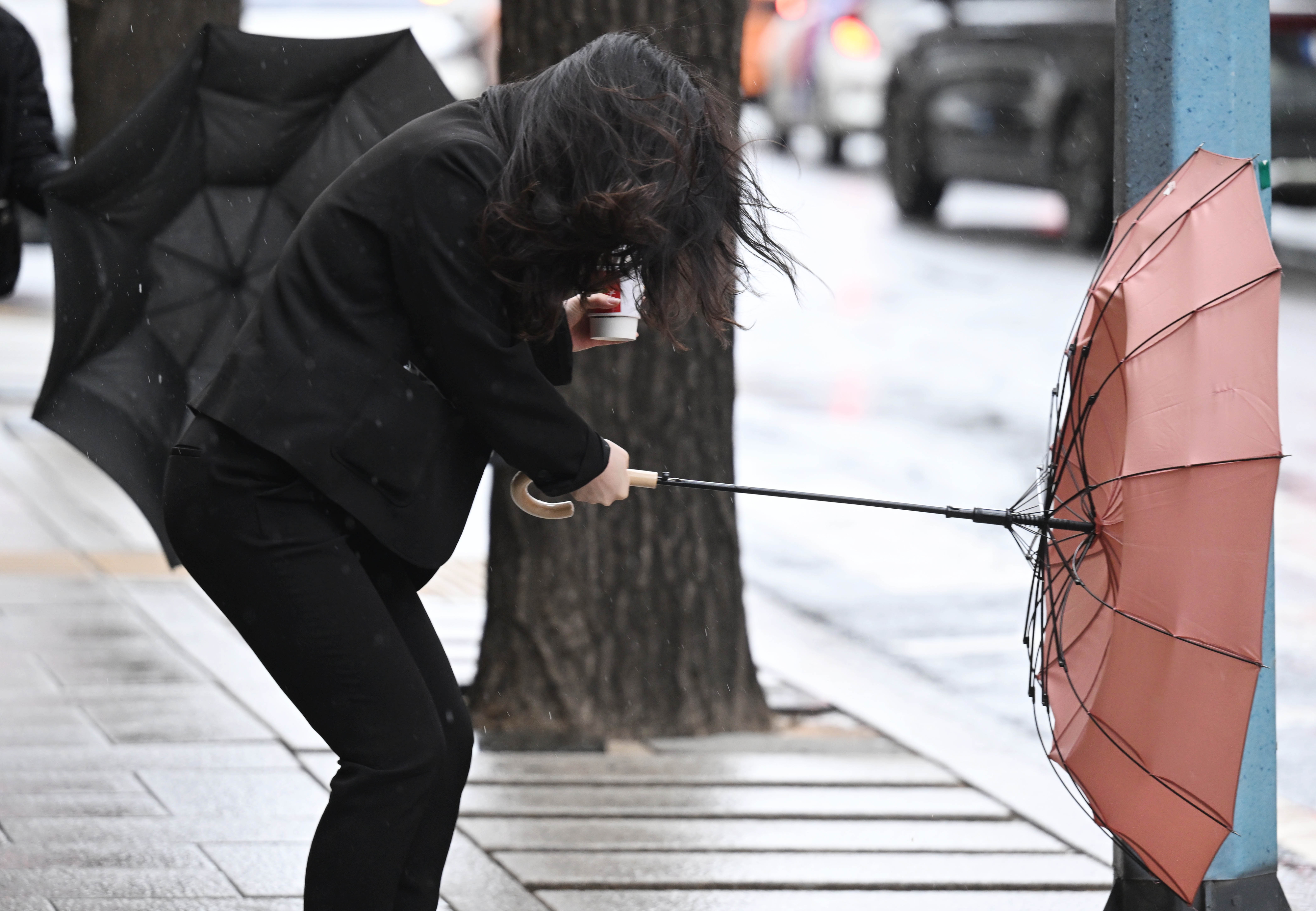 강원도에 사상 처음으로 12월 중 호우특보가 내려지는 등 전국 대부분 지역에 비가 내린 11일 서울 종로구 한 거리에서 시민들의 우산이 비바람에 뒤집히고 있다. 2023.12.11 홍윤기 기자