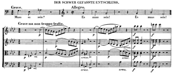 베토벤의 마지막 현악 4중주 16번에 가사처럼 쓰인 모티프 ‘그래야만 하나?(Muss es sein?)’ 그리고 ‘그래야만 한다!(Es muss sein!)“는 쿤데라의 소설 ’참을 수 없는 존재의 가벼움‘ 토마시의 테마 음악이다.