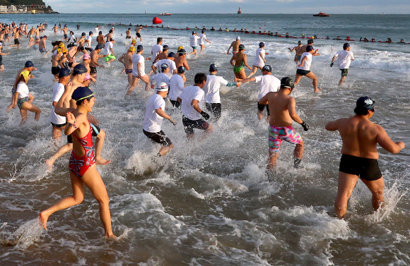 해운대 겨울바다 인간북극곰