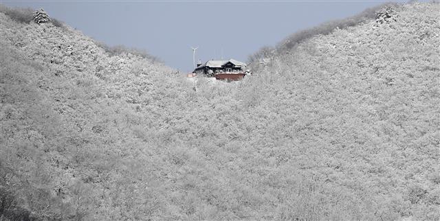 매서운 한파가 찾아온 18일 경남 거창군 북상면 월성리 남덕유산 정상 부근에 밤사이 내린 눈으로 상고대가 피어 있다. 2023.12.18 거창군 제공