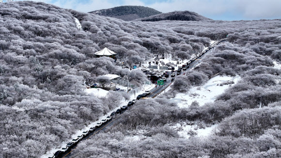 18일 오전 제주 한라산 1100고지를 찾은 탐방객들이 대설이 만들어낸 절경을 감상하고 있다. 2023.12.18  연합뉴스