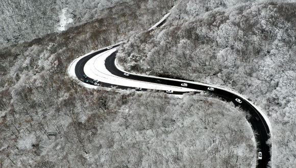 제주 산간에 많은 눈이 내린 19일 오후 제주 한라산 1100도로 주변 골자기가 온통 하얀 눈으로 뒤덮혀 있다. 2023.12.19. 뉴시스