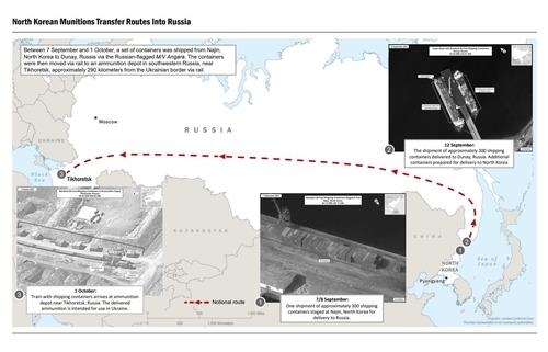 북한의 대러시아 군수물자 제공 경로  1. 러시아 국기를 단 화물선 앙가라호가 올해 9월 7일 북한 북동쪽 나진항에서 컨테이너 약 300개를 싣고 러시아로 출발하는 장면이 인공위성에 처음 포착됐다.  2. 올해 9월 12일 러시아 극동 지역 두나이 보안항구에 도착한 컨테이너들은 화물열차로 옮겨졌다.  3. 시베리아 횡단철도를 지나 운반된 이 컨테이너들은 우크라이나 국경 인근에서 약 290㎞ 떨어진 러시아 남서부 티호레스트크 근처 탄약고에 10월 1일 도착했다.  지난 10월부터 12월까지 촬영된 나진항의 위성사진을 보면 나진항에서 러시아로 가는 컨테이너 선박이 꾸준히 포착되고 있다.  자료 : 미 백악관