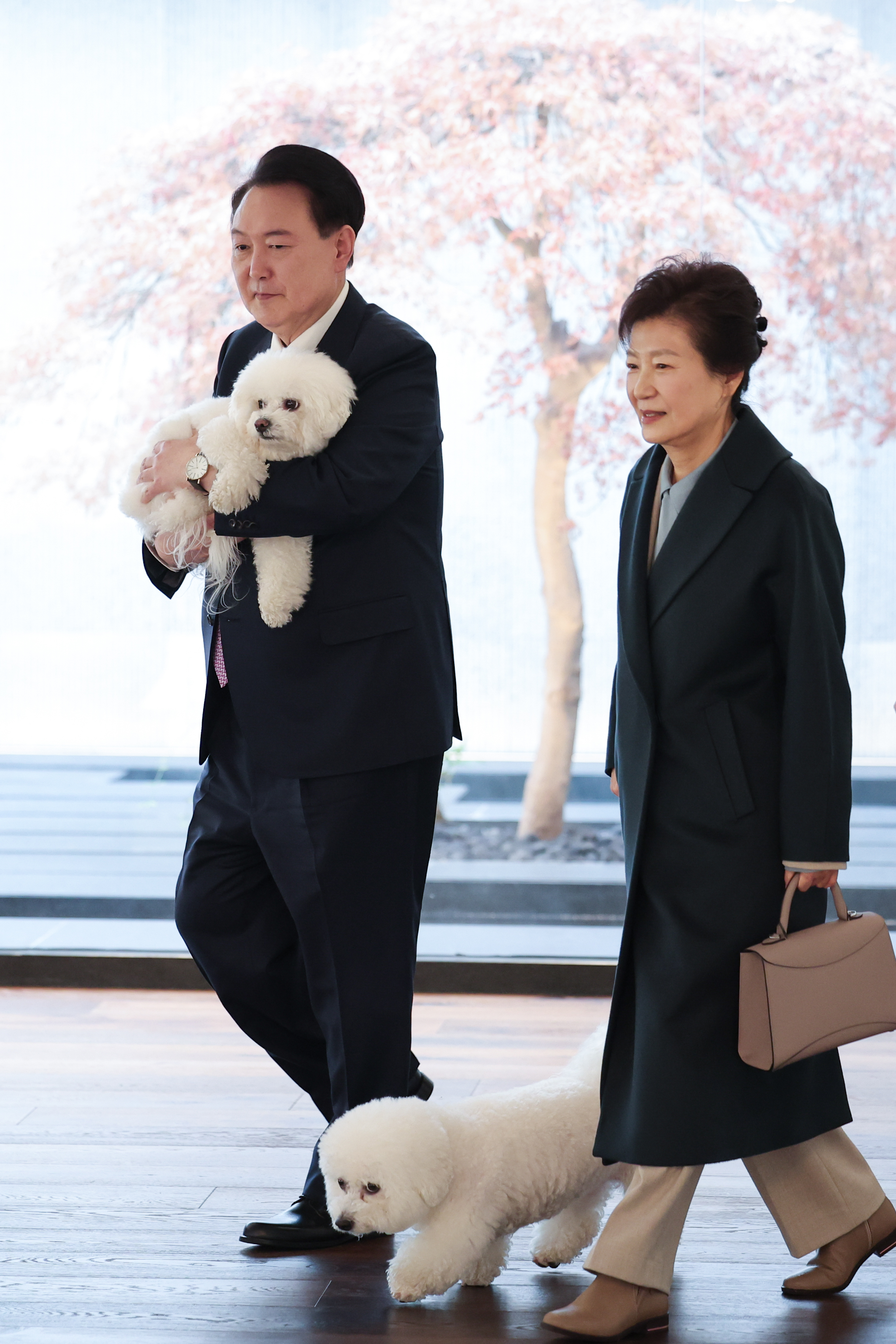 윤석열 대통령이 29일 용산 대통령실 직원들과의 종무식에 앞서 서울 용산구 한남동 대통령 관저에서 박근혜 전 대통령과 오찬을 마친 뒤 업무동을 나서고 있다. 대통령실 제공