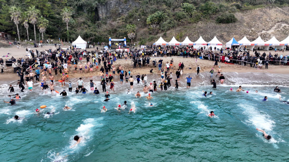 1일 오전 제주 서귀포시 중문해수욕장에서 열린 제25회 서귀포 겨울바다 국제펭귄수영대회에서 참가자들이 바다로 뛰어들고 있다. 2024.1.1 연합뉴스