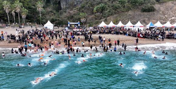 1일 오전 제주 서귀포시 중문해수욕장에서 열린 제25회 서귀포 겨울바다 국제펭귄수영대회에서 참가자들이 바다로 뛰어들고 있다. 2024.1.1 연합뉴스