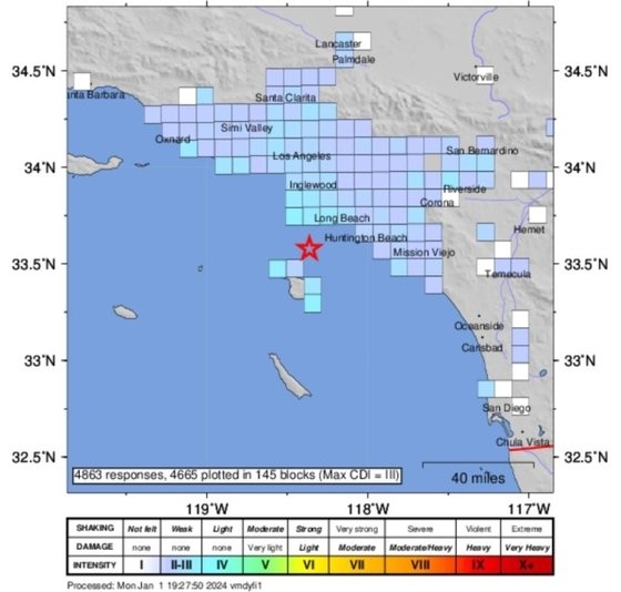 미국 로스앤젤레스(LA) 인근 해상에서 규모 4.1의 지진이 발생했다. 일본 지진과는 무관한 것으로 알려졌다. 미국 지질조사국(USGS) 웹사이트 캡처