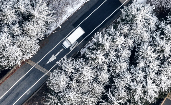 3일 경북 칠곡군 다부동전적기념관 인근 도로에 식재된 가로수 위로 눈이 쌓여 있다. 2024.1.3 연합뉴스