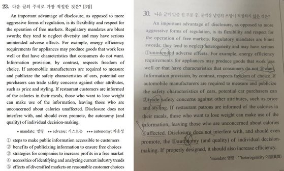 2023학년도 수능 영어 영역 23번 문항(왼쪽)과 대형 입시학원의 강사가 배포한 모의고사 문항. 온라인커뮤니티 캡처