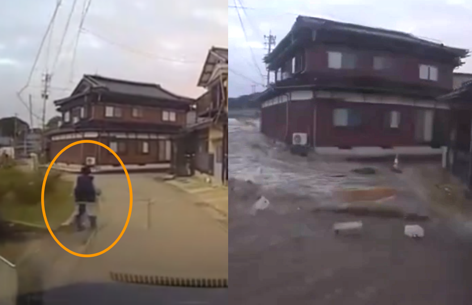 새해 첫날 일본 노토반도에서 규모 7.6 강진이 발생한 가운데, 대피해야 하는지 모르고 산책하던 할머니(사진 왼쪽)를 차에 태운 지 9초 만에 마을에 쓰나미가 들이닥치는 영상이 공개됐다. 엑스(X) 캡처