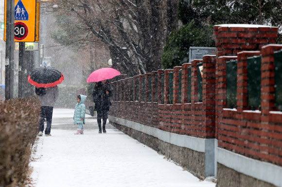 서울을 비롯한 수도권에 대설주의보가 내려진 9일 오전 서울 강남역 인근에 눈이 내리고 있다. 2024.01.09. 뉴시스