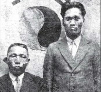 1932년 4월 중국 상하이 훙커우 의거 직전 김구(왼쪽)와 윤봉길이 함께 찍은 사진.서울신문 DB