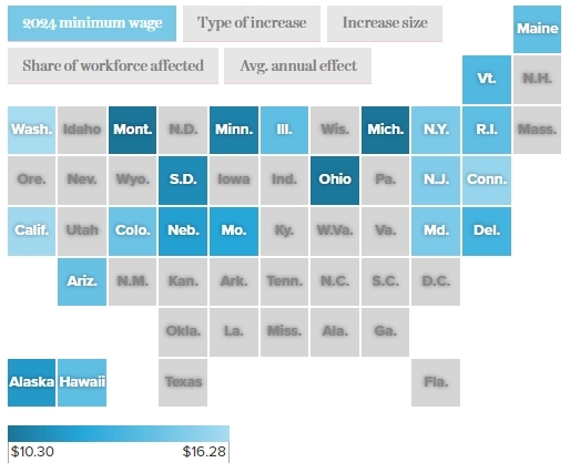 새해부터 최저임금을 인상하는 미국 22개 주 현황. EPI