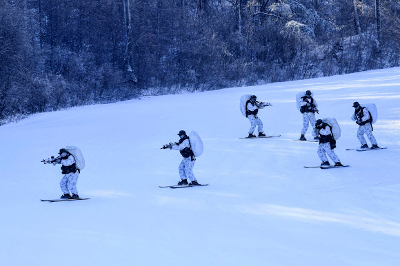 해병대 1사단 수색대대가 23일 강원 평창 산악종합훈련장에서 설상기동훈련을 하고 있다. 지난 9일부터 훈련에 들어간 이 부대는 2월 2일까지 동계 설한지 훈련을 진행한다. 2024.1.24. 해병대 1사단 제공