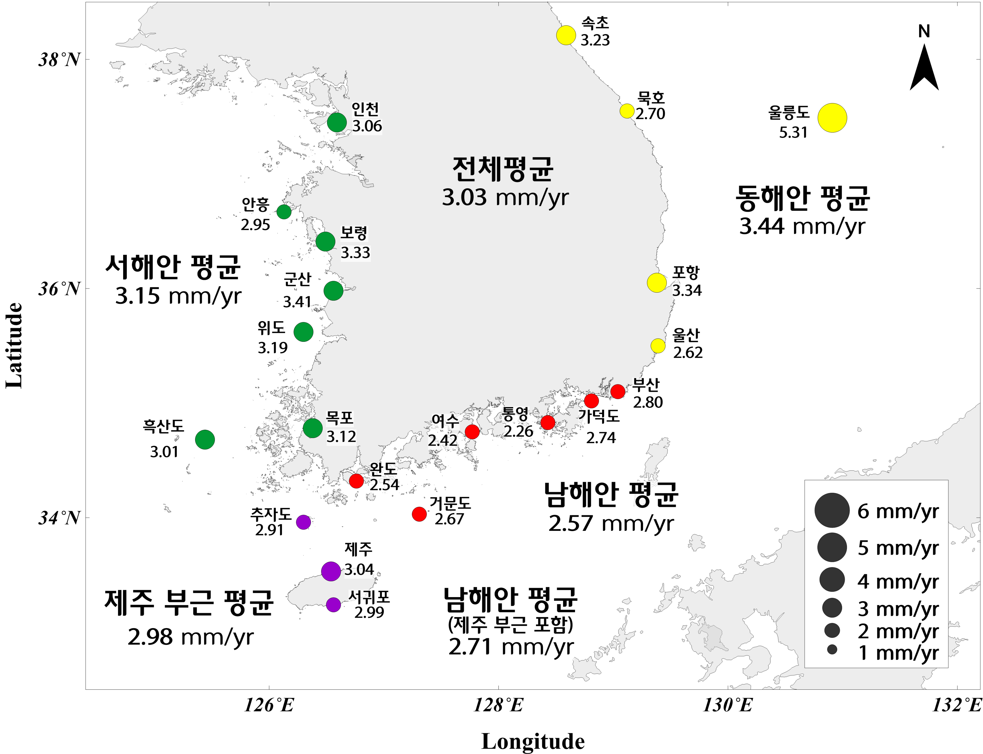 34년간 국내 21개 연안 조위관측소의 해수면 상승 분포도. 국립해양조사원 자료