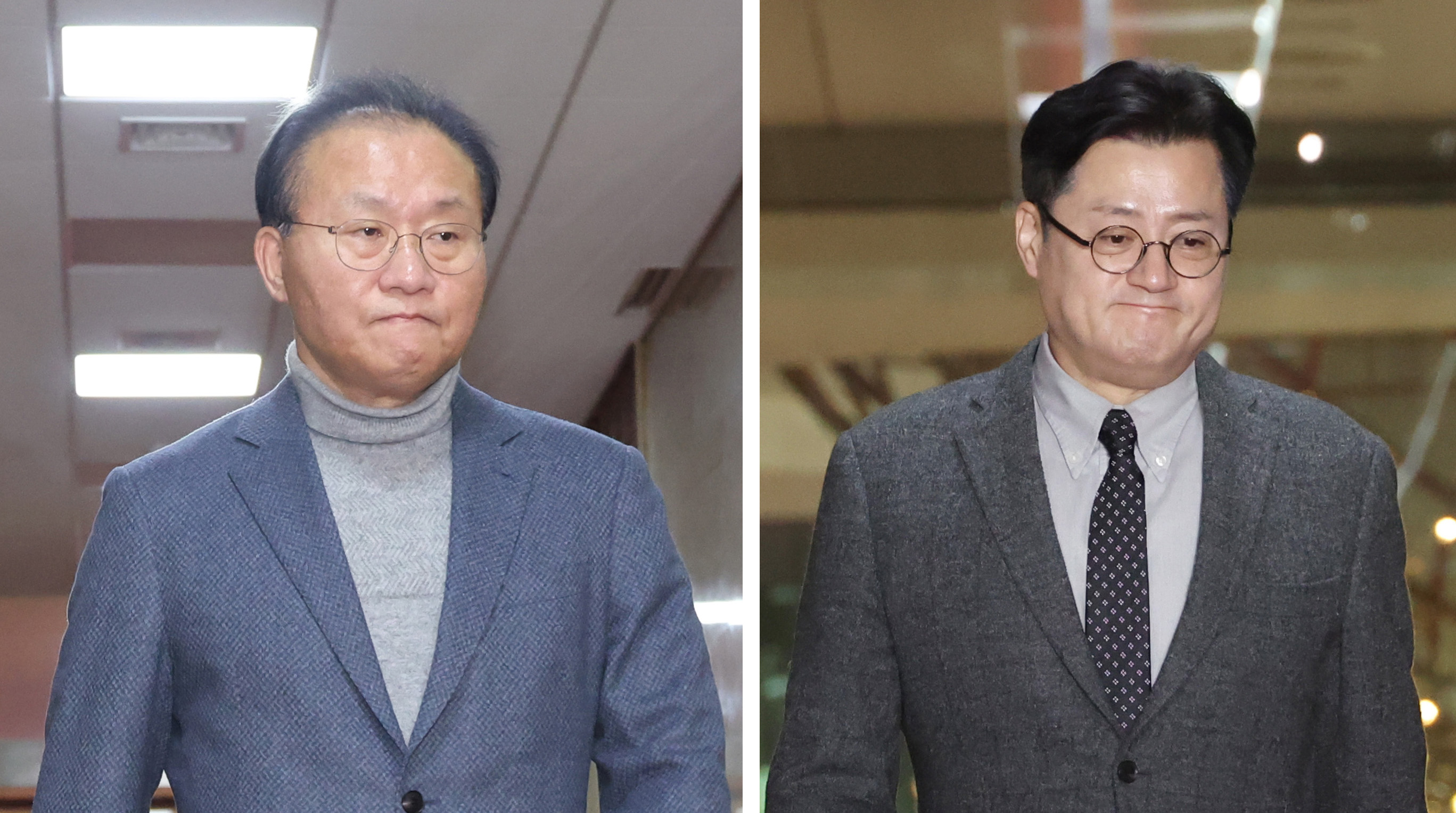 윤재옥 국민의힘 원내대표(왼쪽)와 홍익표 더불어민주당 원내대표가 24일 김진표 국회의장 주재로 국회 의장실에서 열리는 원내대표 회동을 위해 각각 입장하고 있다. 2024.1.24 연합뉴스