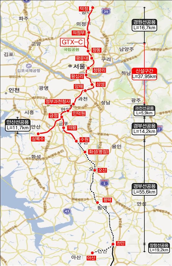 수도권광역급행철도GTX -C 노선도. 천안시 제공