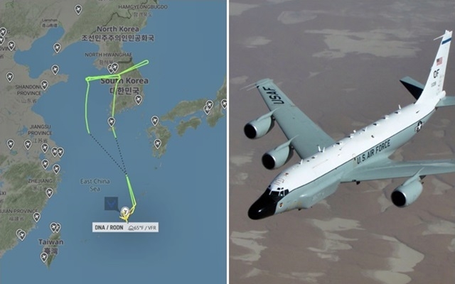 미국 공군 RC-135U(컴뱃센트) 정찰기 1대가 6일 일본 오키나와 가데나 공군기지(RODN)에서 이륙해 인천 부근 서해 먼바다 상공을 장시간 비행했다. 오른쪽은 RC-135U 자료사진, 왼쪽은 해당 정찰기의 6일 항적.