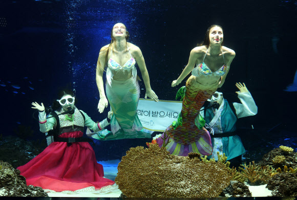 설을 나흘 앞둔 6일 오전 경기도 수원시 영통구 아쿠아플라넷 광교에서 아쿠아리스트들이 새해 인사를 하고 있다. 2024.2.6  연합뉴스