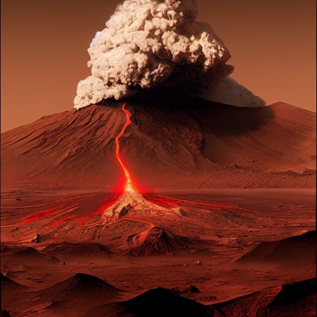 지금은 죽은 행성이지만 화성 생성 초기에는 다양한 지질학적 활동이 있었을 것으로 추정된다. 이미지 생성 AI ‘미드저니’로 화성 생성 초기 화산이 폭발하는 장면을 그린 이미지.