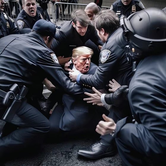 도널드 트럼프 전 미국 대통령이 경찰에 체포된 것처럼 조작된 딥페이크 사진물. 지난해 초 온라인상에 퍼진 이 사진은 인공지능(AI) 이미지 생성 프로그램 ‘미드저니’가 만든 가짜 사진으로 판명됐다. 엑스 캡처