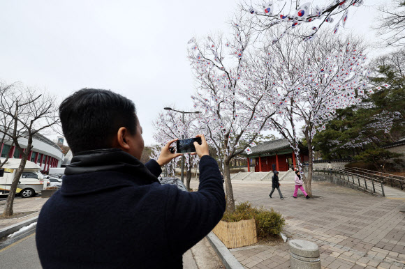 24일 서울 용산구 효창공원 일대에 제105주년 3?1절 기념 태극기 거리가 마련돼있다. 2024.2.24 연합뉴스