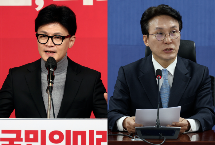 한동훈(왼쪽) 국민의힘 비상대책위원장·김민석(오른쪽) 민주당 총선상황실장. 연합뉴스