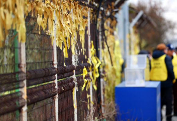 27일 오전 세월호 선체가 거치된 전남 목포시 목포신항 철제부두에 빛 바랜 노란 리본이 바람에 나부끼고 있다.2024.2.27 연합뉴스