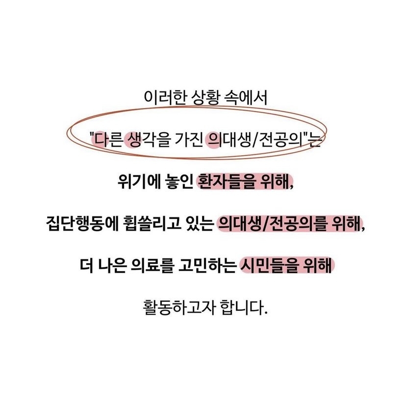 지난 24일 ‘다른 생각을 가진 의대생/전공의’는 “위기에 놓인 환자들을 위해, 집단행동에 휩쓸리고 있는 의대생·전공의를 위해, 더 나은 의료를 고민하는 시민들을 위해 활동하고자 한다”고 밝혔다. 인스타그램 캡처