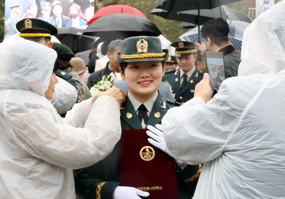 5일 오후 대전 유성구 국군간호사관학교에서 제64기 사관생도들의 졸업식 및 임관식이 열린 가운데, 사관생도 가족들이 계급장을 달아주고 축하하고 있다. 2024.3.5  연합뉴스