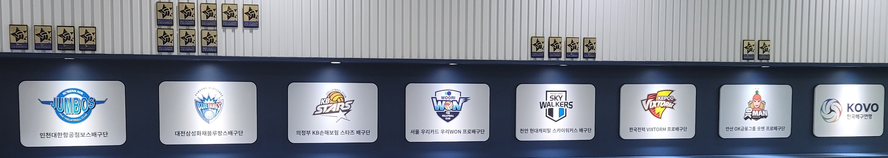 서울 마포구 상암동 한국배구연맹 사무실 앞에 부착된 프로배구 남자부 역대 우승팀에 부착된 별.