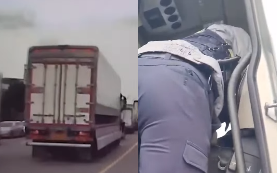 불법 주차 신고를 받은 트럭(사진 왼쪽)과 트럭 내부에서 쓰러진 운전자를 발견한 경찰의 모습. 경찰청 유튜브 캡처