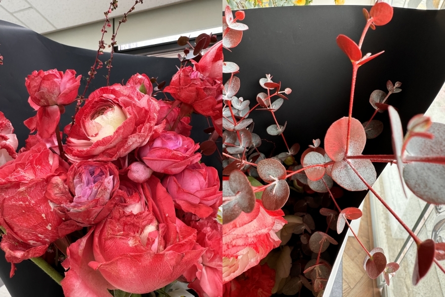 전액 선입금으로 꽃다발을 제작하는 업체가 고객이 요구한 꽃 색깔이 없다는 이유로 고객과 논의 없이 염색을 해 논란이다. 사진은 균일하게 염색돼 있지 않은 꽃잎(사진 왼쪽)과 가지와 이파리까지 염색된 모습. 네이트판 캡처