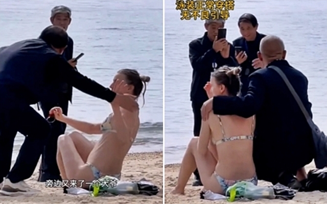 5일(현지시간) 중국판 틱톡인 더우인 등 소셜미디어(SNS)에 확산한 동영상에 따르면 최근 홍콩 리펄스베이 해변에서 중국인 단체 관광객들이 비키니 차림의 여성을 강제 추행하며 사진 촬영을 했다. 2024.3.5 엑스