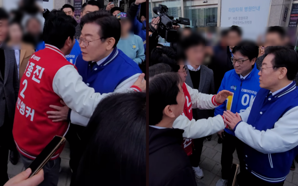 이재명 더불어민주당 대표가 인천에서 선거유세 중 인천 서구을 국민의힘 후보인 박종진 전 앵커를 우연히 만나 이야기를 나눈 장면이 화제다. 유튜브 ‘채널 박종진’