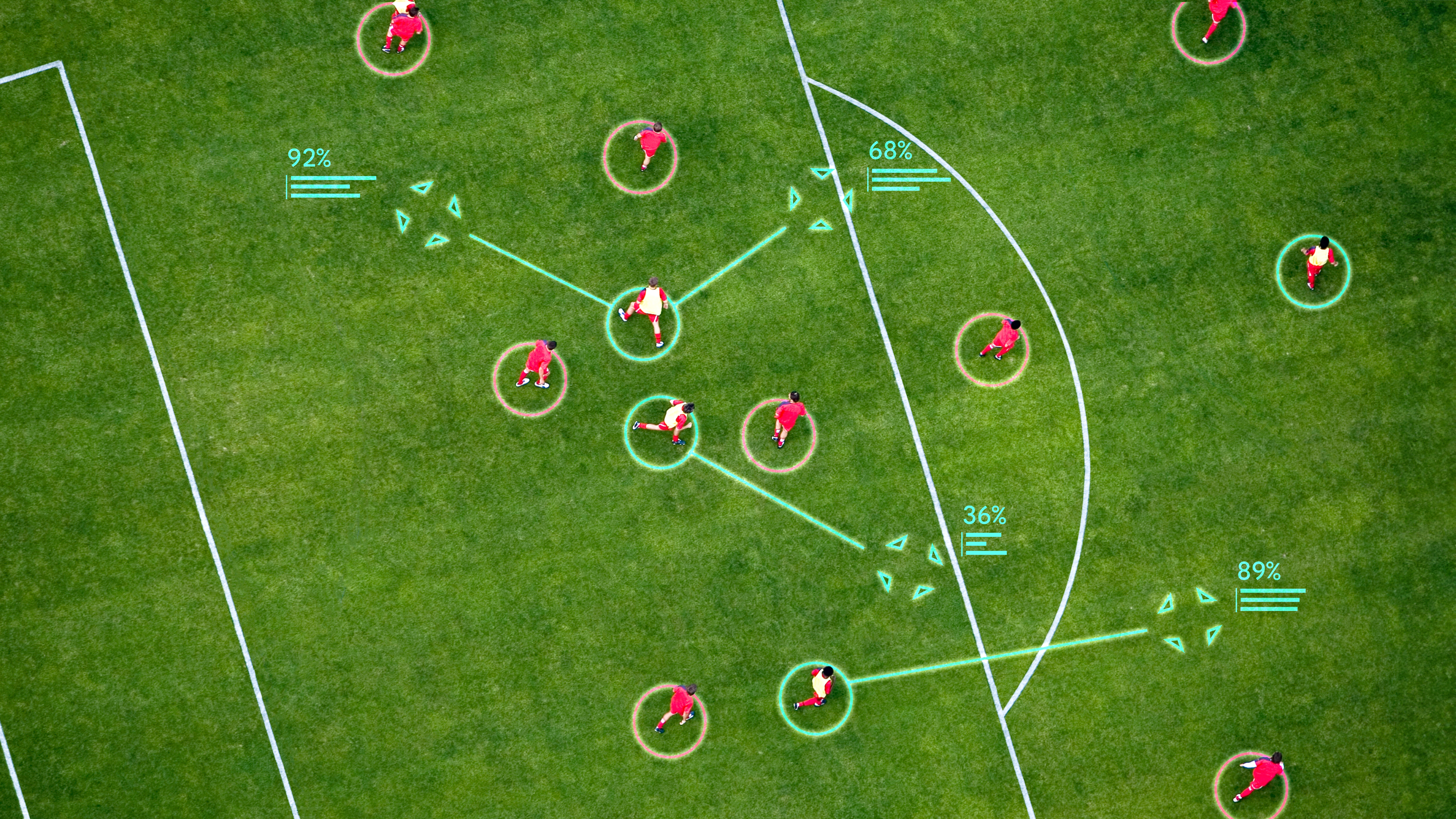 구글 딥마인드의 축구 전략 AI ‘택틱’이 축구 코너킥 상황에서 최적 상황을 계산해 제시한 시뮬레이션.  구글 딥마인드 제공