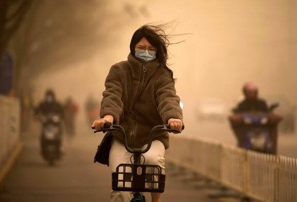 대규모 황사가 발생한 2021년 3월 15일 중국 베이징에서 한 여성이 누렇게 덮인 먼지 속에서 자전거를 타고 있다. 베이징 AFP 연합뉴스