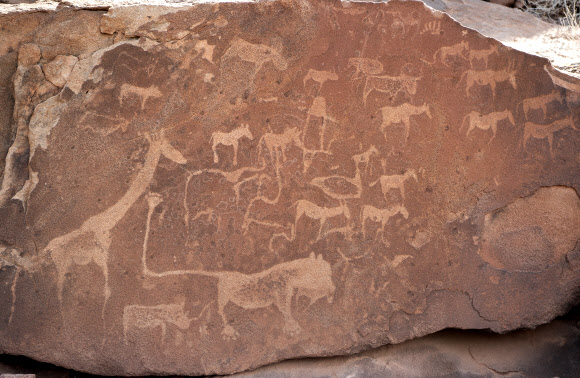 26(현지시간) 나미비아 쿠네네 주 트위펠폰테인(Twyfelfontein) 암각화 지대에 암각화가 새겨져 있다. 트위펠폰테인(Twyfelfontein) 암각화 지대는 아프리카에서 암각화가 가장 밀집돼 있는 대규모 단지이다. 보존이 잘된 이 암각화는 대부분 코뿔소를 표현하고 있지만, 인간과 동물의 발자국 그림과 인간의 모습을 붉은 황토로 그린 바위 동굴, 6가지 색으로 그린 코끼리·타조·기린 그림도 있다. 신화 연합뉴스