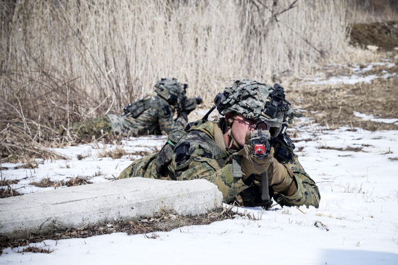 육군 제25보병사단 해룡여단이 지난 19일부터 10일간 강원도 인제 육군과학화전투훈련단에서 KCTC 훈련에 참가한  미 해병대와 한미 연합 KCTC 훈련을 실시했다고 28일 밝혔다. 사진은 미 해병대 장병이 적지로 침투해 수색 및 정찰하는 모습. 2024.3.28. 육군 제공