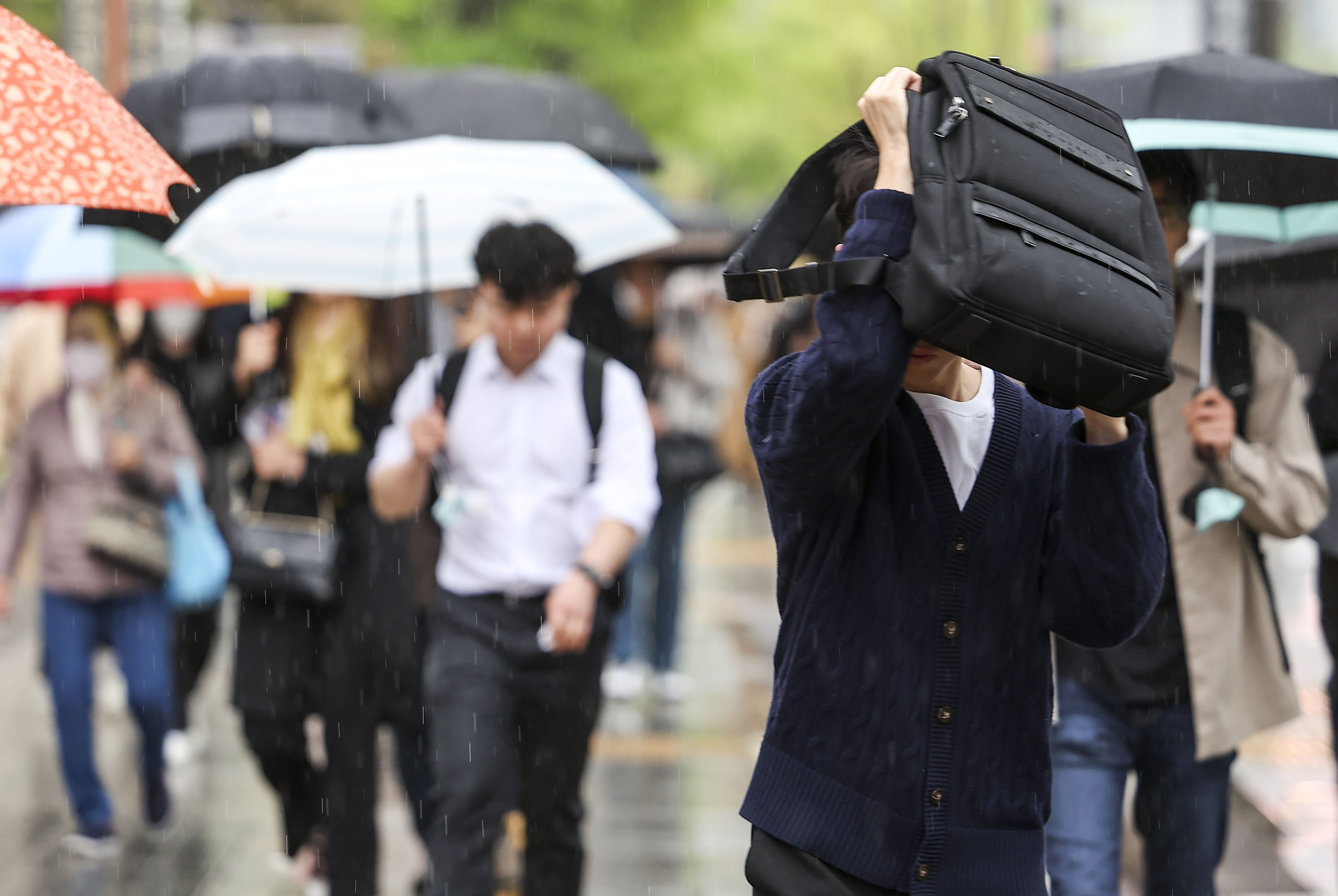 우산 대신 가방… 봄비에 누그러진 더위