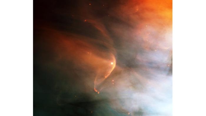 성간 먼지 구름에서 거대 항성 ‘제타 오피우치’가 만들어 내는 항성풍(붉은색)의 적외선 이미지. 태양같은 주계열성의 항성풍은 관측하기가 쉽지 않다.  미국항공우주국(NASA) 제트추진연구소(JPL)-칼텍 제공