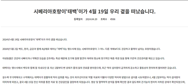 서울대공원은 홈페이지를 통해 태백의 사망 소식을 알렸다. 서울대공원 홈페이지 캡처
