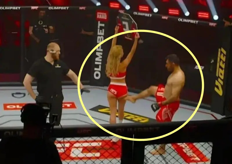 이란 국적의 종합격투기(MMA) 선수가 경기 전 라운드걸 마리아의 엉덩이를 발로 차는 행동을 해 평생 링에 오르지 못하게 됐다. SNS 캡처