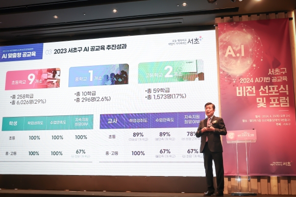 전성수 서울 서초구청장이 25일 열린 ‘2024 AI 기반 공교육 비전 선포식 및 포럼’에서 구의 AI 교육시스템 구축 방안에 대해 설명하고 있다.<br>서초구 제공