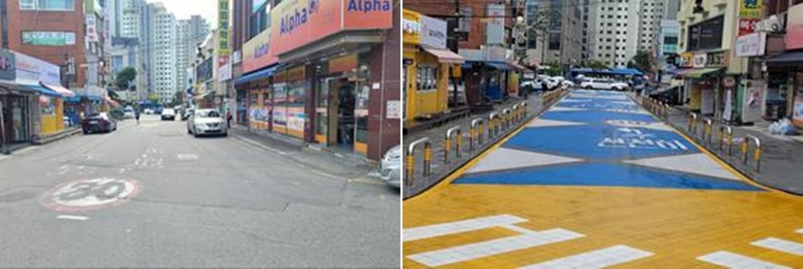 서울 송파구 잠실여고 앞 보행자우선도로(오른쪽) 모습과 정비 전(왼쪽) 모습. 송파구청 제공