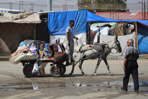 팔레스타인 최후의 난민촌 라파의 한 여성이 당나귀가 끄는 수레에 짐을 싣고 7일 피난을 떠나고 있다. 라파 AFP 연합뉴스