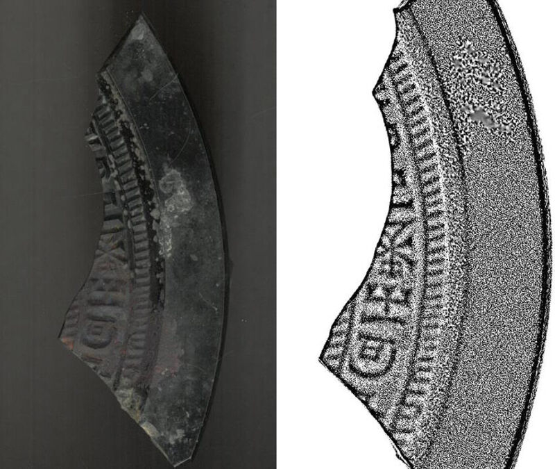 청동거울 조각의 3차원(3D) 스캔 이미지(왼쪽)와 탁본 한국문화재재단 제공