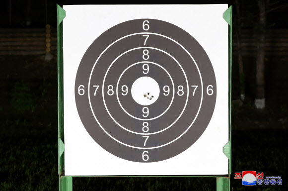 김정은 북한 국무위원장이 지난 11~12일 제2경제위원회 산하 중요 국방공업기업소들을 현지지도했다고 조선중앙통신이 13일 보도했다. 사진은 김 위원장이 새로 개발한 ‘저격수보총(소총)’을 시험 사격하며 쏜 과녁. 2024.5.13   평양 조선중앙통신·연합뉴스