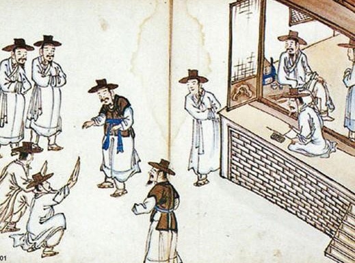 김윤보(1865~1938)의 ‘형정도첩’에 남아있는 백성이 관아에 소장을 올리는 모습  국립민속박물관 제공