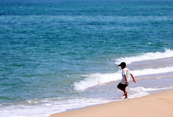강원 동해안의 낮 기온이 33도 가까이 오르며 초여름 날씨를 보인 23일 강릉 경포해변에서 어린이가 파도에 발을 담그며 즐거워하고 있다. 2024.5.23  연합뉴스